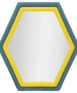 Miroir mural hexagonal cadre en bois Tissu Velours Bleu et Jaune
