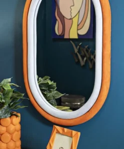 Miroir mural ovale tissu Orange et cadre bois