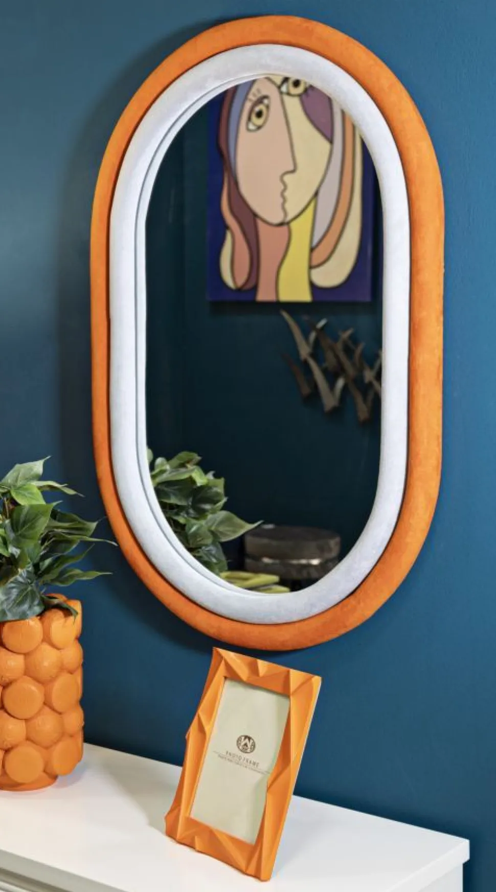 Miroir mural ovale tissu Orange et cadre bois