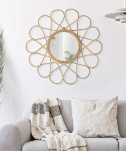 Miroir mural rond Almeria Rotin marron verre fer