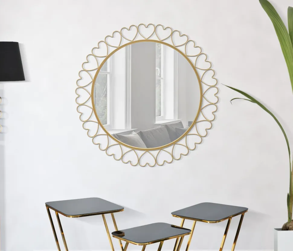 Miroir mural rond avec cadre en métal doré et verre