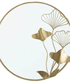 Miroir mural rond décoratif en métal doré et verre avec motifs floraux