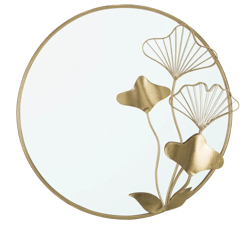 Miroir mural rond décoratif en métal doré et verre avec motifs floraux