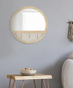 Miroir mural rond Fuji Chêne Clair avec 3 crochets en paille de Vienne