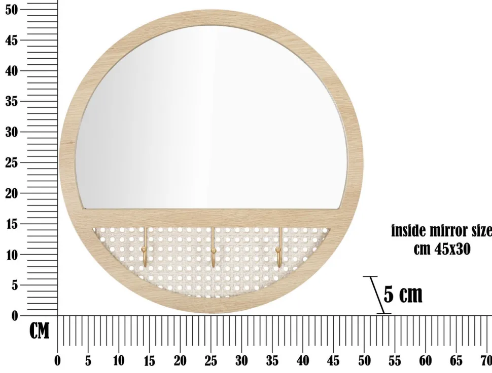 Miroir mural rond Fuji Chêne Clair avec 3 crochets en paille de Vienne