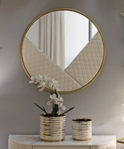 Miroir mural Sharon Fer doré et cuir piqué blanc