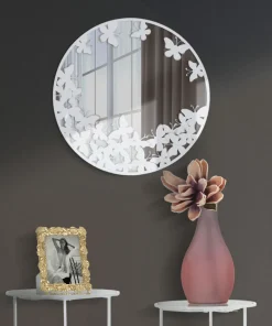 Miroir rond métal blanc décor papillons dorés