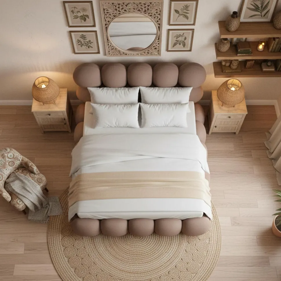 Pack Lit-coffre design boule Bilbola + Matelas Bedream 140x190cm Velours Taupe