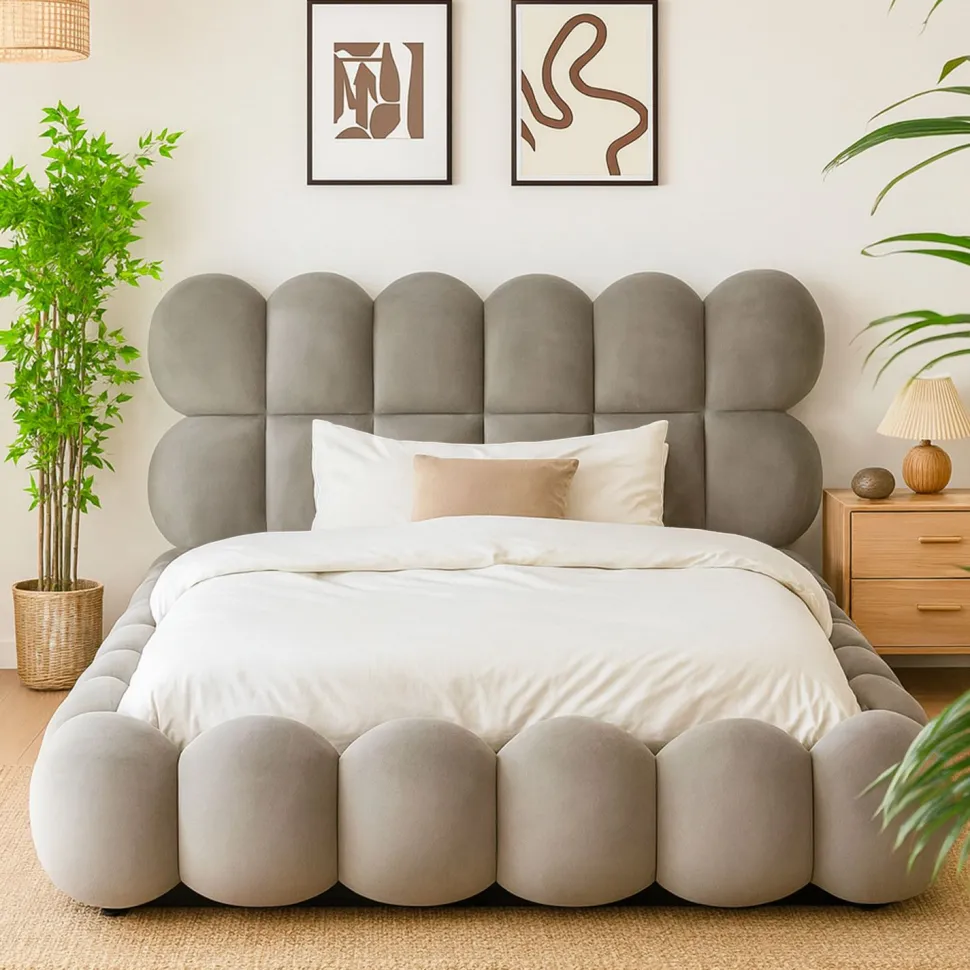 Pack Lit-coffre design boule Bilbola + Matelas Bedream 160x200cm Velours Gris