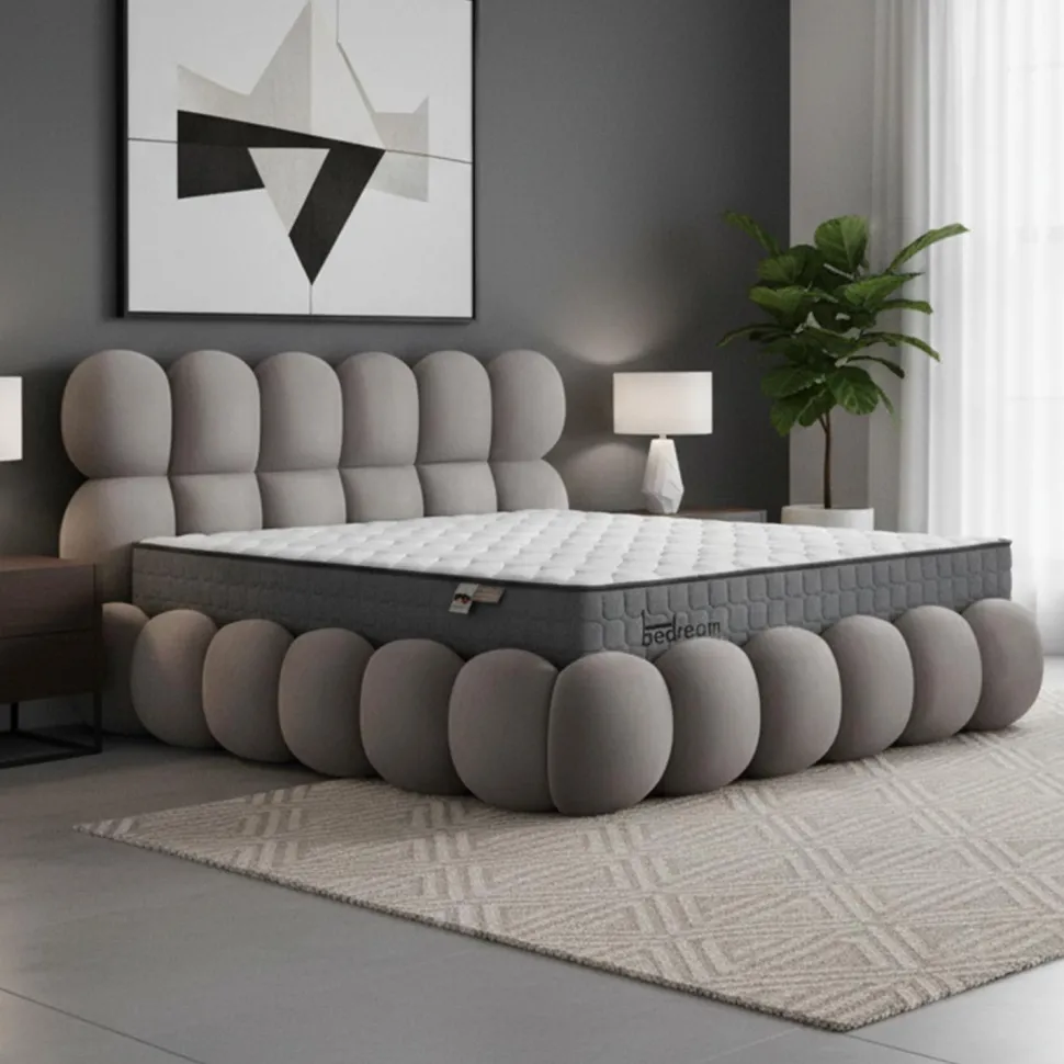 Pack Lit-coffre design boule Bilbola + Matelas Bedream 180x200cm Velours Gris