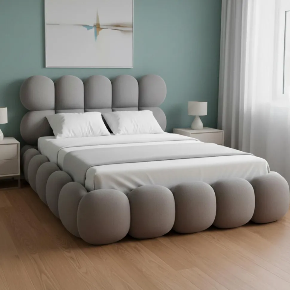 Pack Lit-coffre design boule Bilbola + Matelas Bedream 140x190cm Velours Gris