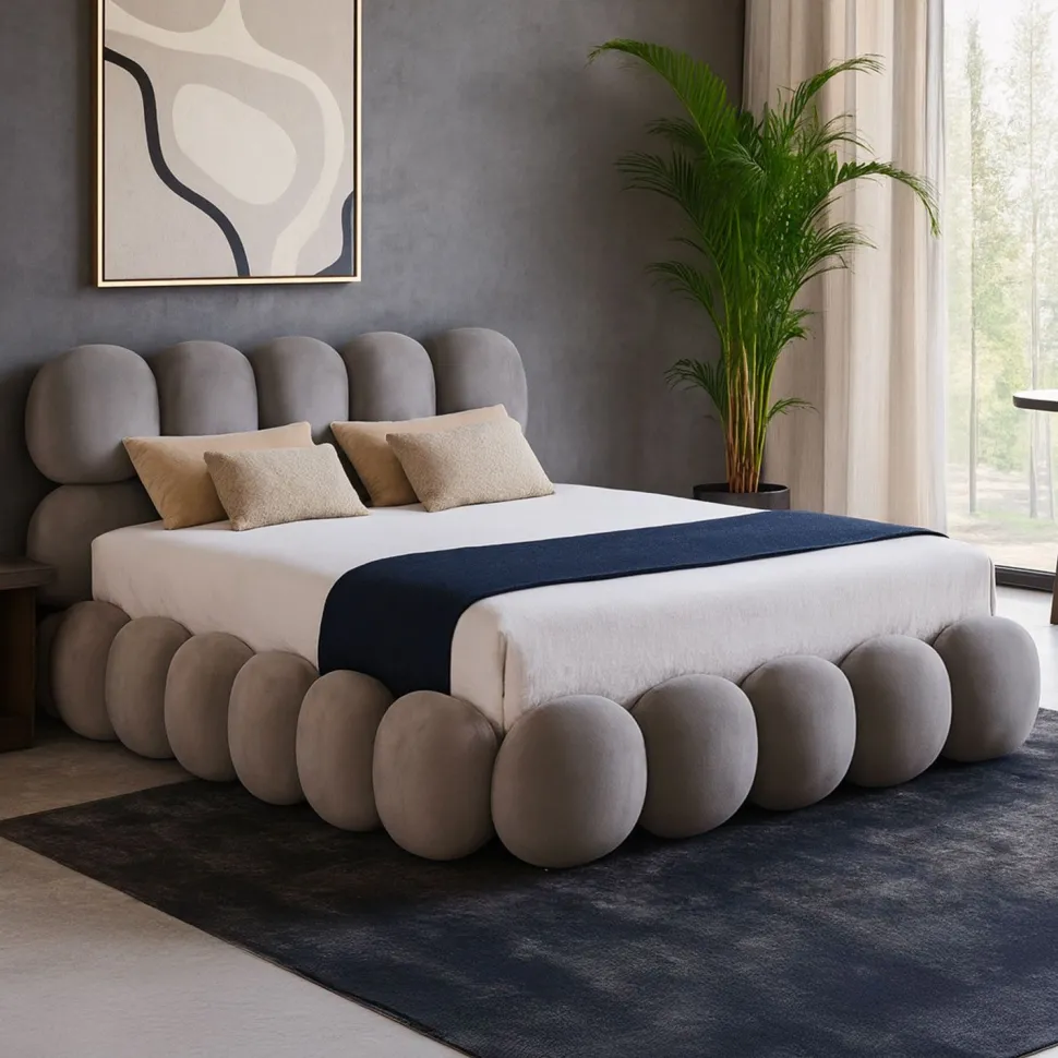 Pack Lit-coffre design boule Bilbola + Matelas Bedream 140x190cm Velours Gris