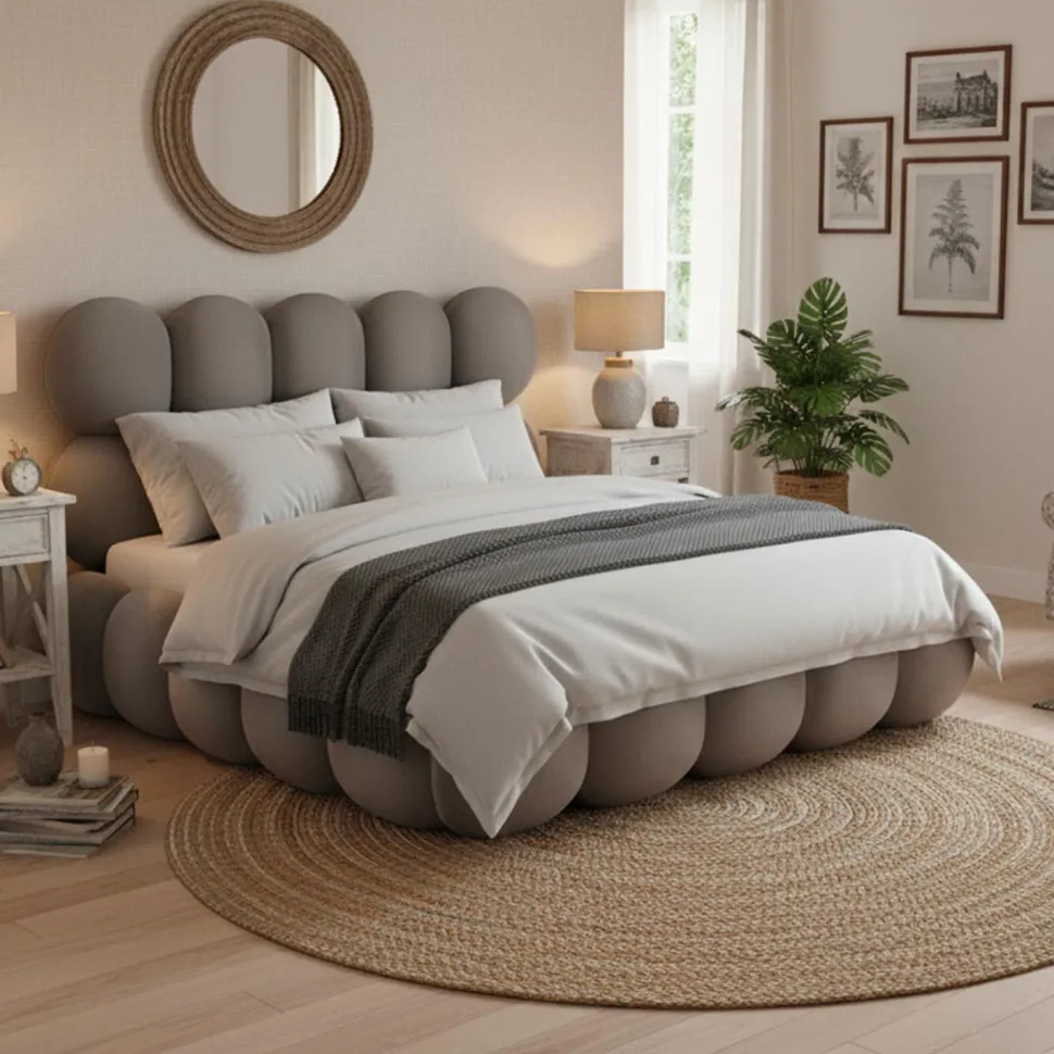 Pack Lit-coffre design boule Bilbola + Matelas Bedream 140x190cm Velours Gris