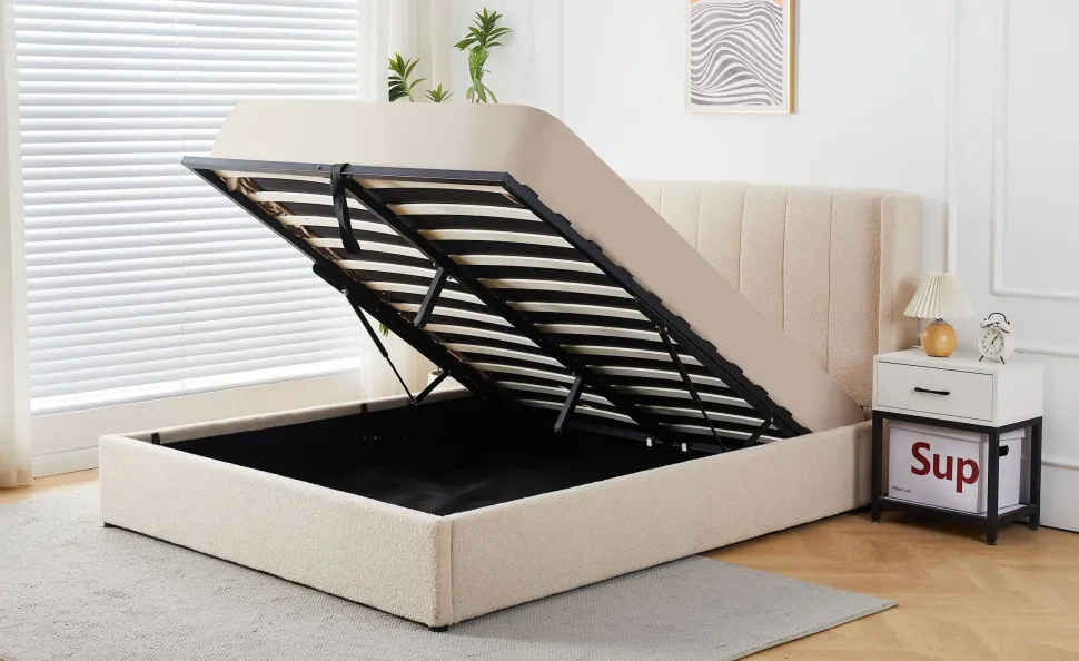 Pack Lit-coffre Magorial + Matelas Bedream 160x200cm Tissu bouclette Crème