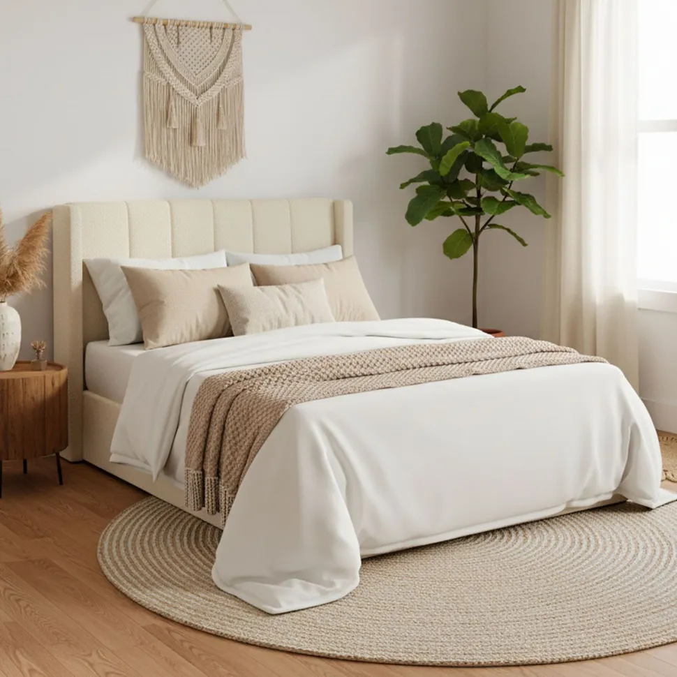 Pack Lit-coffre Magorial + Matelas Bedream 140x190cm Tissu bouclette Crème