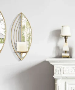 Paire de porte-bougies muraux en métal avec miroir motif feuille