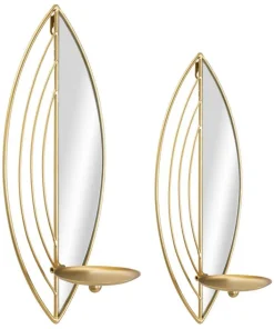 Paire de porte-bougies muraux en métal avec miroir motif feuille