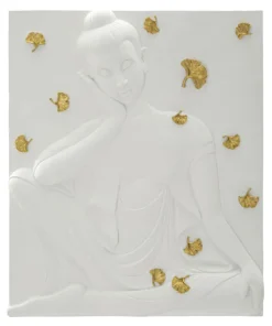 Panneau mural décoratif Bouddha résine 3D blanc et feuilles dorées