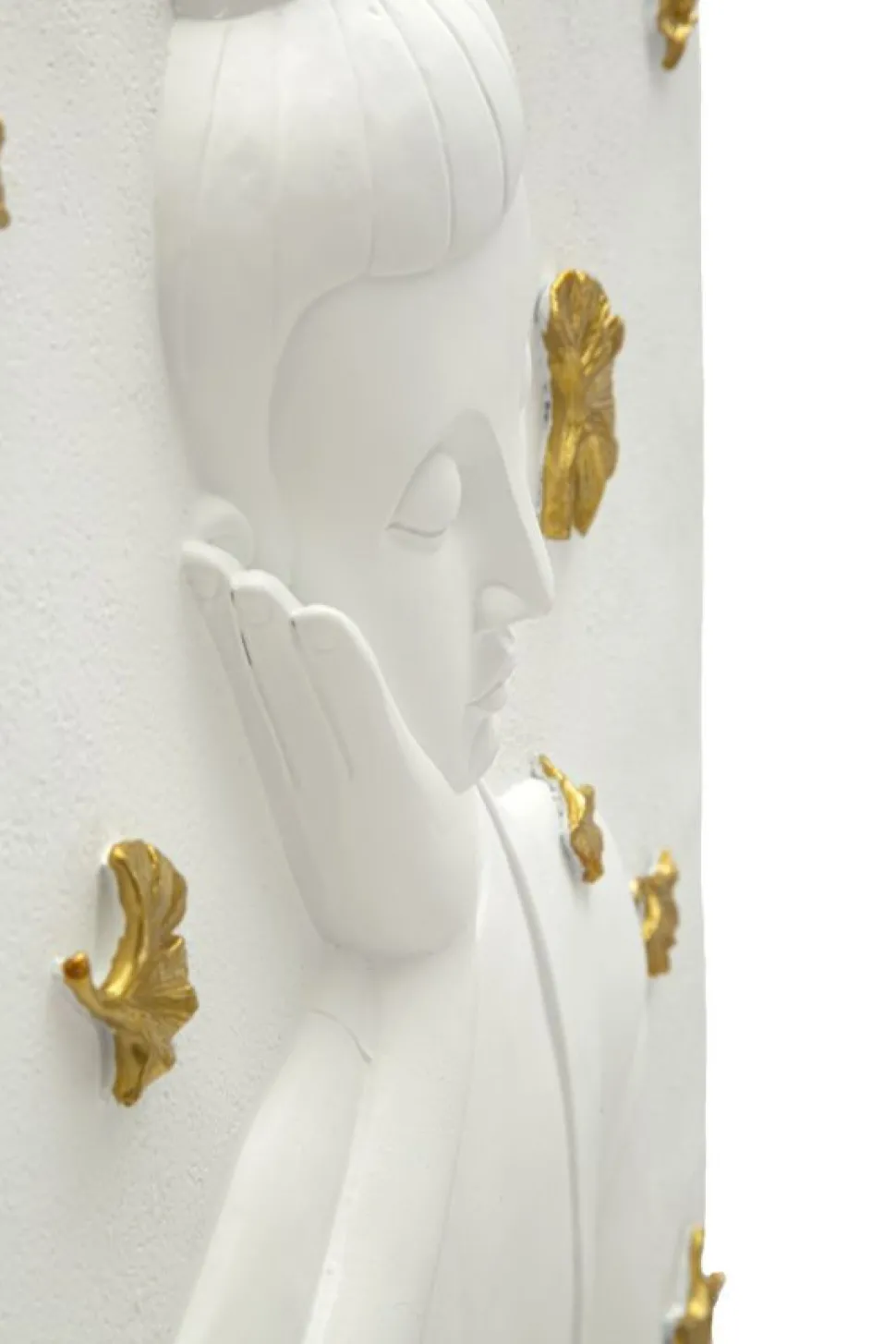 Panneau mural décoratif Bouddha résine 3D blanc et feuilles dorées