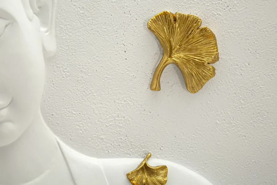 Panneau mural décoratif Bouddha résine 3D blanc et feuilles dorées