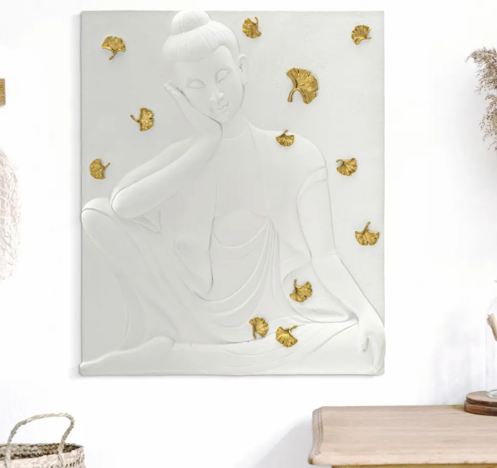 Panneau mural décoratif Bouddha résine 3D blanc et feuilles dorées