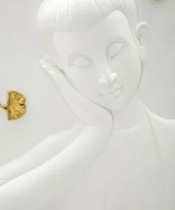 Panneau mural décoratif Bouddha résine 3D blanc et feuilles dorées