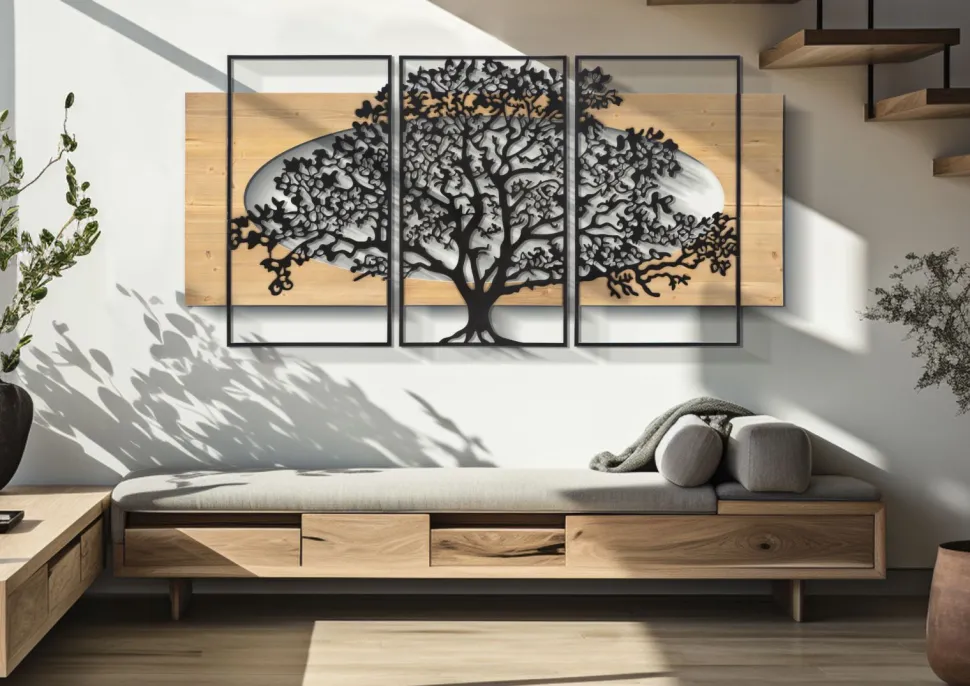 Panneau mural décoratif 3D Arbre métal et bois ensemble de 3 pièces