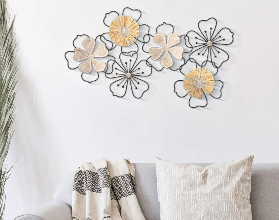 Panneau mural décoratif 3D fleurs métal et M.D.F noir marron
