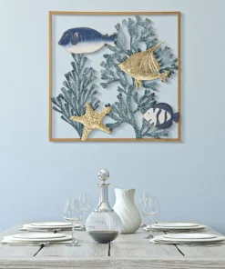 Panneau mural décoratif 3D Poisson Métal cadre doré