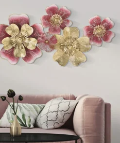 Panneau mural décoratif 3D en métal fleurs dorées et colorées