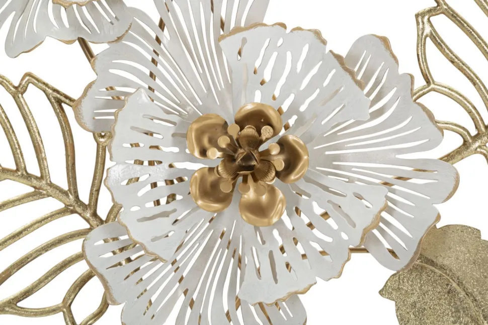 Panneau mural décoratif 3D en métal doré et blanc fleurs et feuilles