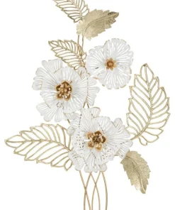 Panneau mural décoratif 3D en métal doré et blanc fleurs et feuilles