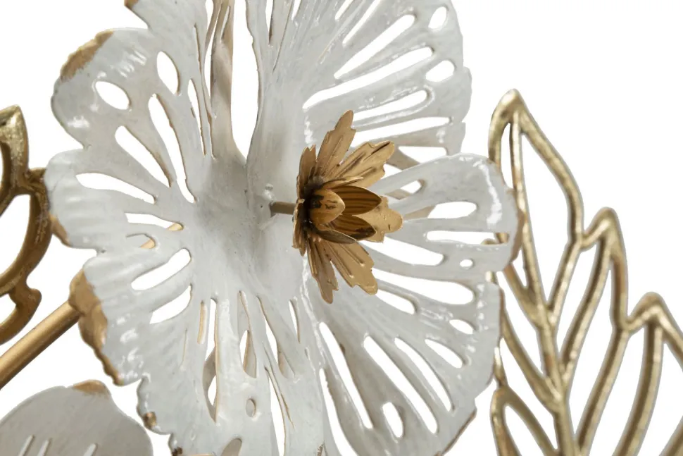 Panneau mural décoratif 3D en métal doré et blanc fleurs et feuilles