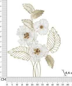 Panneau mural décoratif 3D en métal doré et blanc fleurs et feuilles