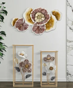 Panneau mural décoratif 3D fleurs et feuilles en métal multicolores