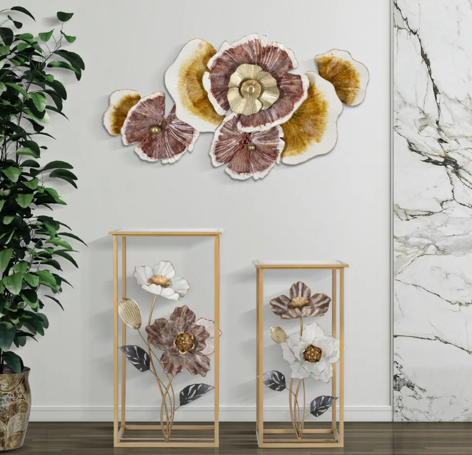 Panneau mural décoratif 3D fleurs et feuilles en métal multicolores