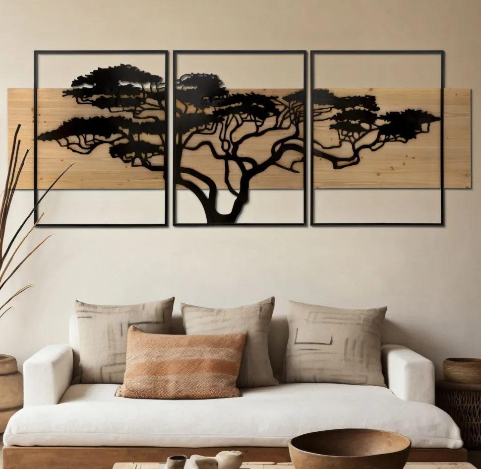 Panneau mural décoratif 3D set de 3 pcs métal et bois