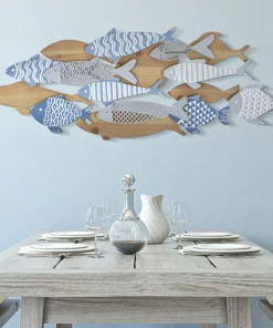 Panneau mural décoratif 3D Poissons Métal et Bois