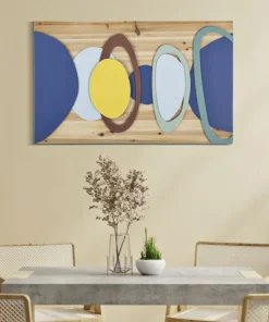 Panneau mural décoratif géométrique en métal et bois naturel multicolore