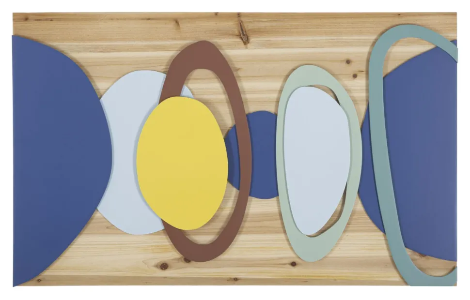 Panneau mural décoratif géométrique en métal et bois naturel multicolore