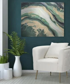 Peinture murale abstraite encadrée en bois massif Greenery