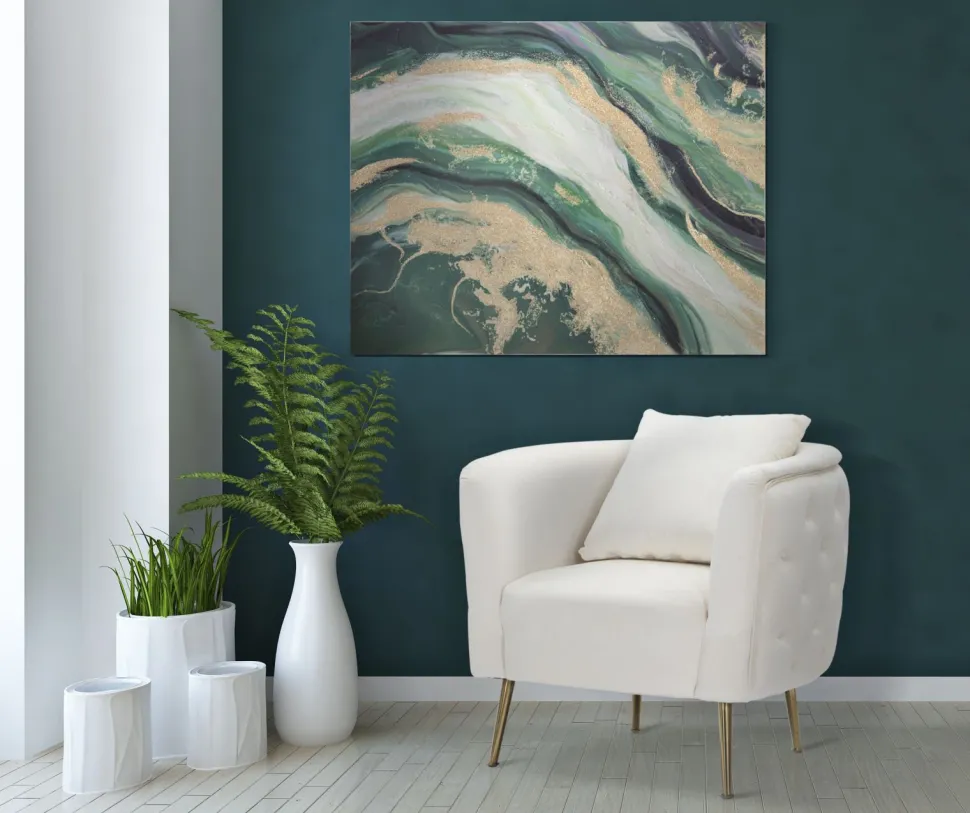 Peinture murale abstraite encadrée en bois massif Greenery