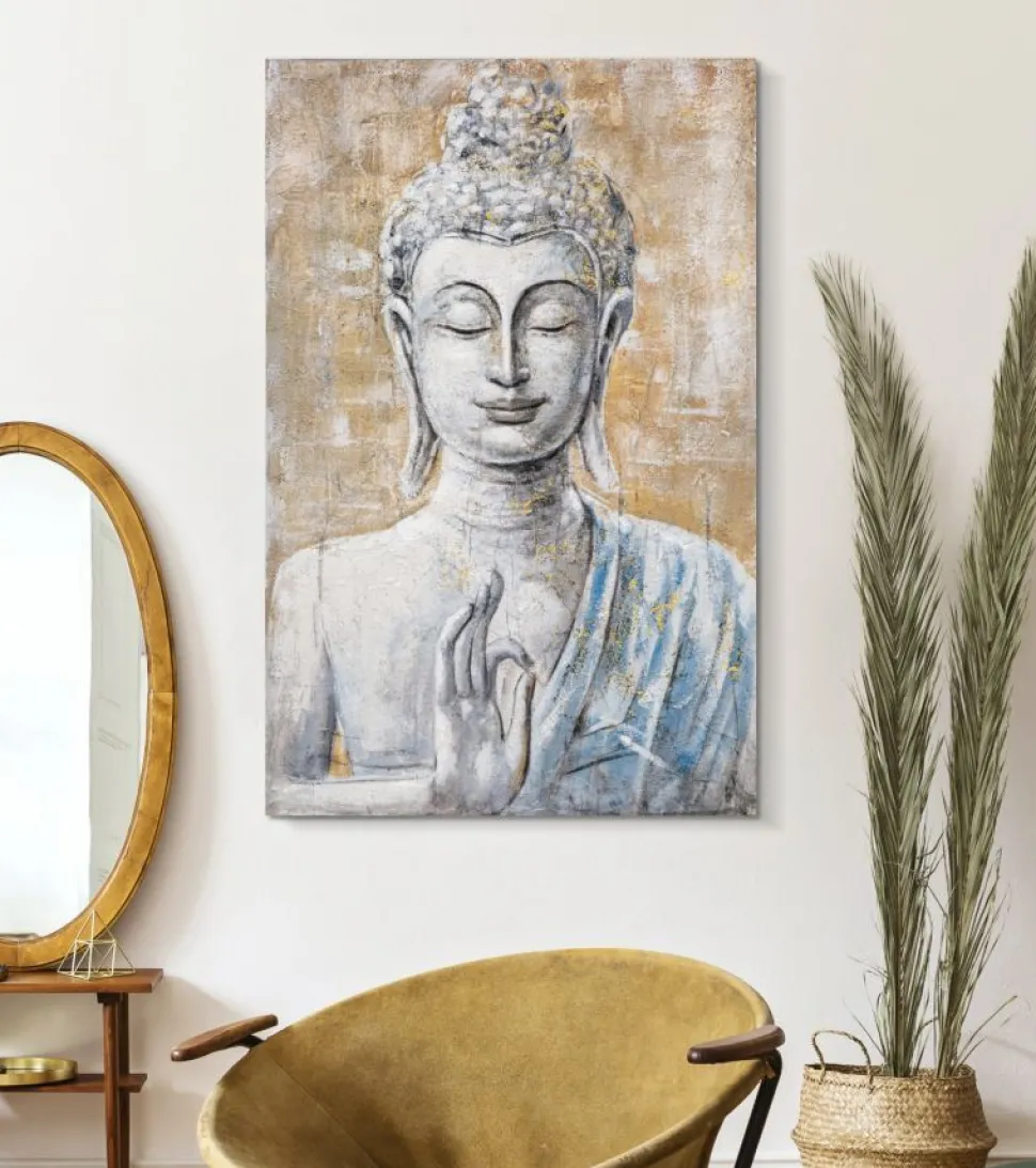 Peinture sur toile Bouddha encadrée en bois massif multicolore
