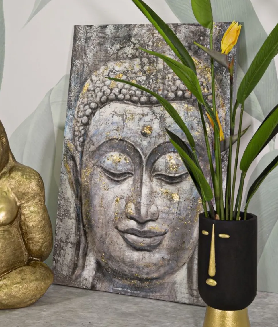 Peinture sur toile Bouddha multicolore cadre en bois massif applications dorées