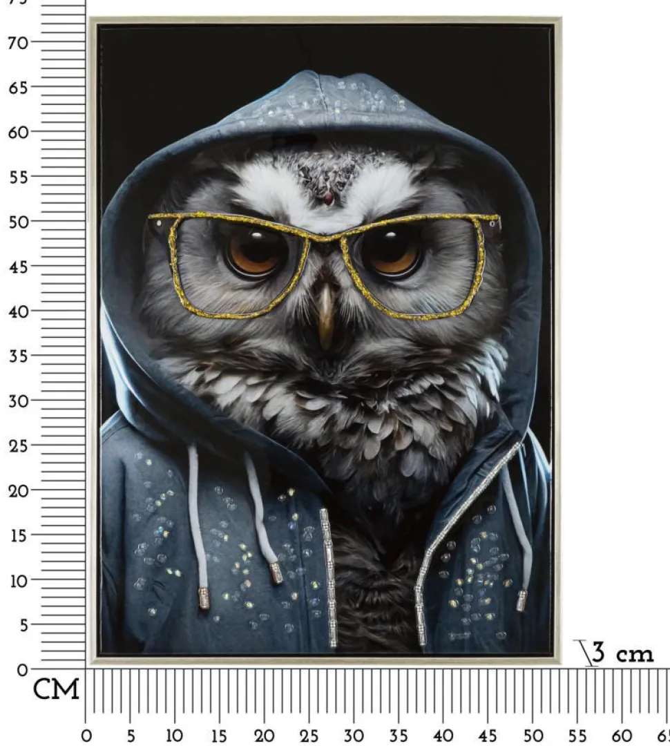 Peinture sur toile Chouette lunettes dorées cadre en bois et métal argenté