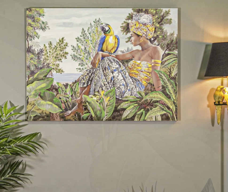 Peinture sur toile Kenda Femme et Perroquet Bois Massif