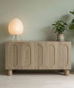 Petit buffet rétro-moderne avec portes sculptées Durand L80cm Chêne grisé