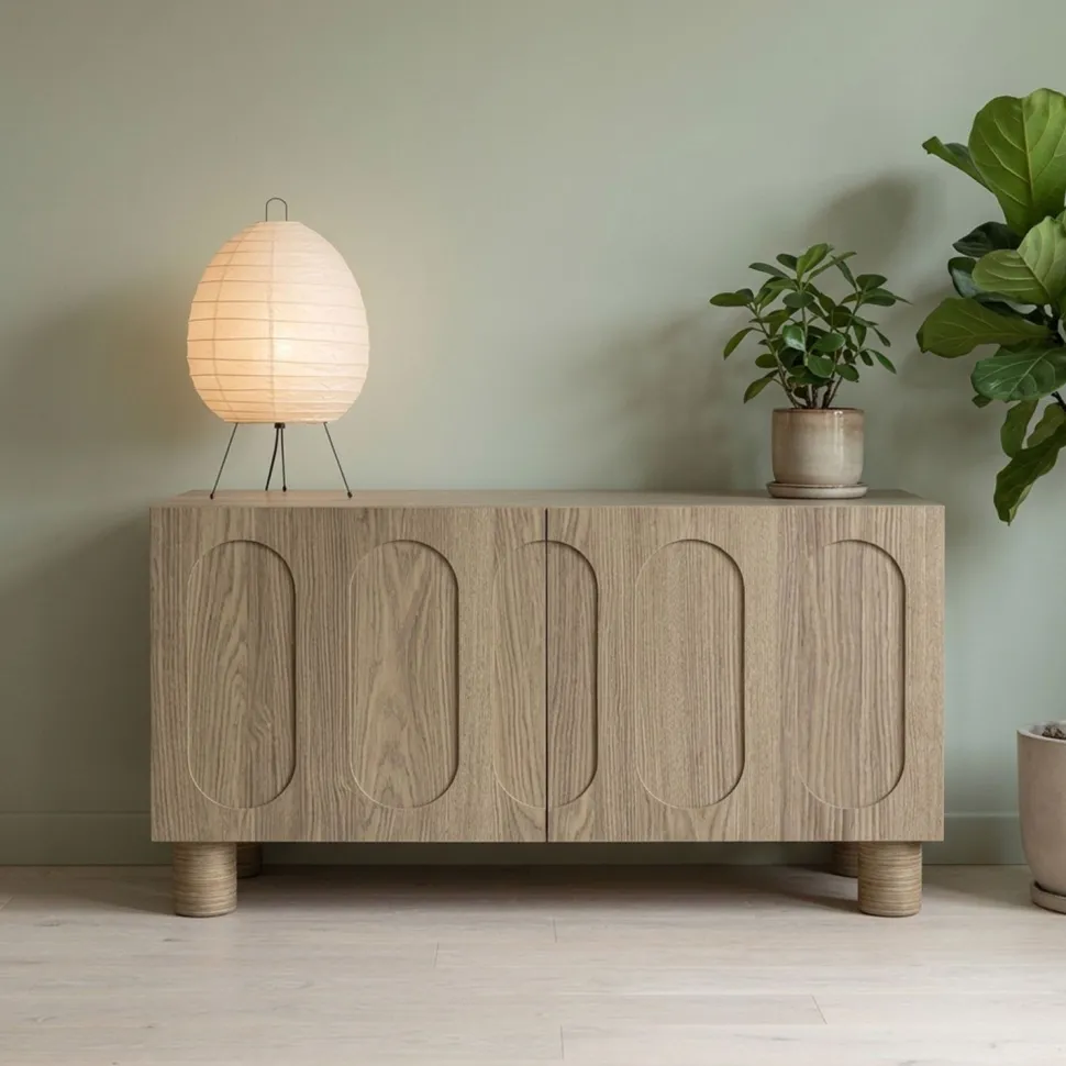 Petit buffet rétro-moderne avec portes sculptées Durand L80cm Chêne grisé