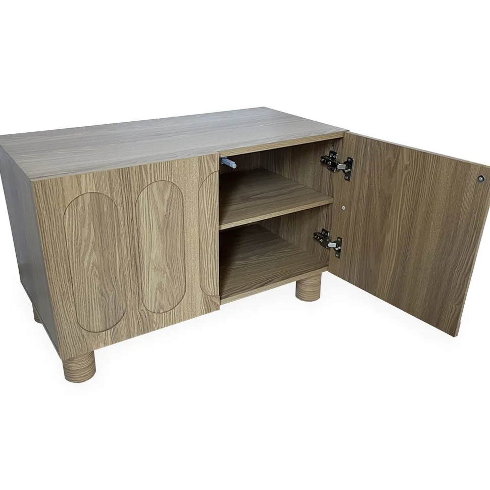 Petit buffet rétro-moderne avec portes sculptées Durand L80cm Chêne grisé