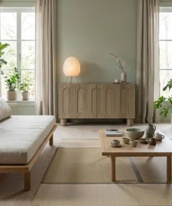 Petit buffet rétro-moderne avec portes sculptées Durand L80cm Chêne grisé